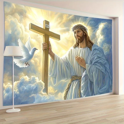Vibrant Jesus, Dove And Cross Tapestry