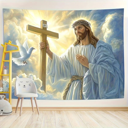 Vibrant Jesus, Dove And Cross Tapestry