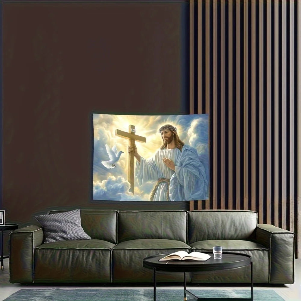 Vibrant Jesus, Dove And Cross Tapestry